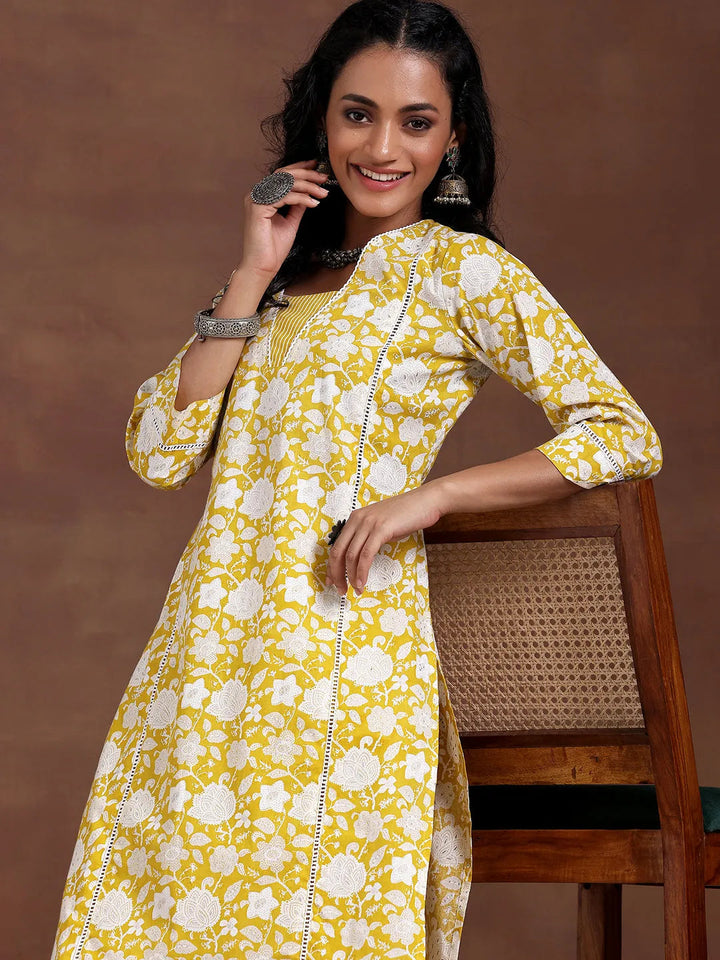 Yellow Printed Cotton Straight Kurta Set