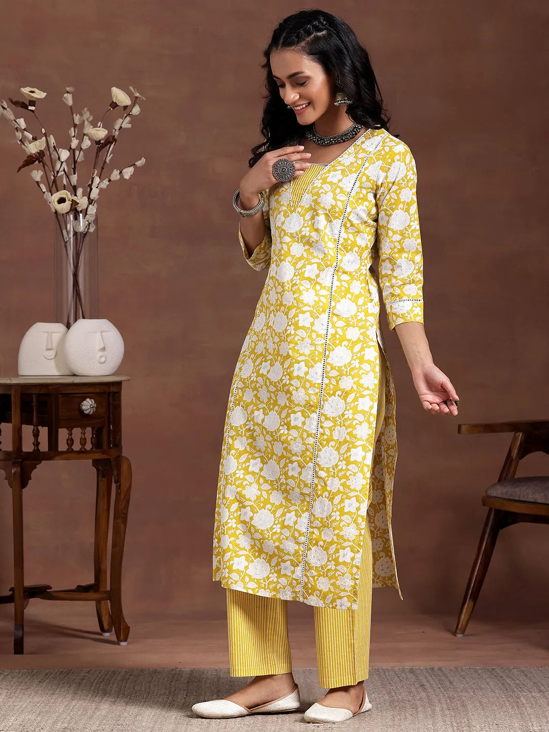 Yellow Printed Cotton Straight Kurta Set