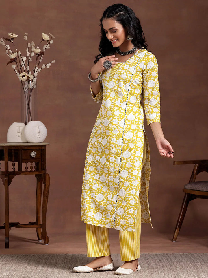 Yellow Printed Cotton Straight Kurta Set