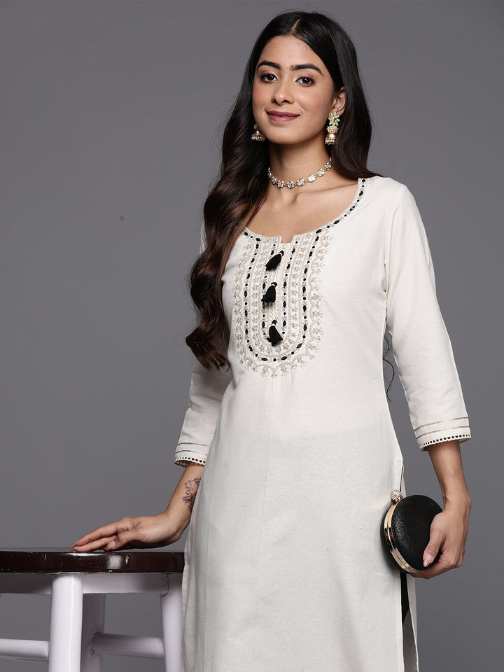 Off White Embellished Cotton Straight Kurta