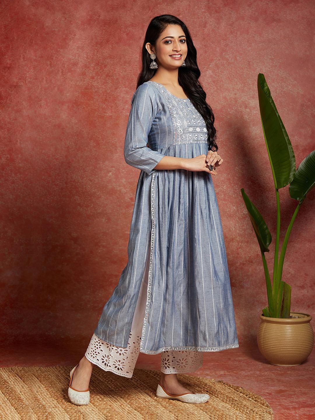 Blue Yoke Design Silk A-Line Kurta - ShopLibas