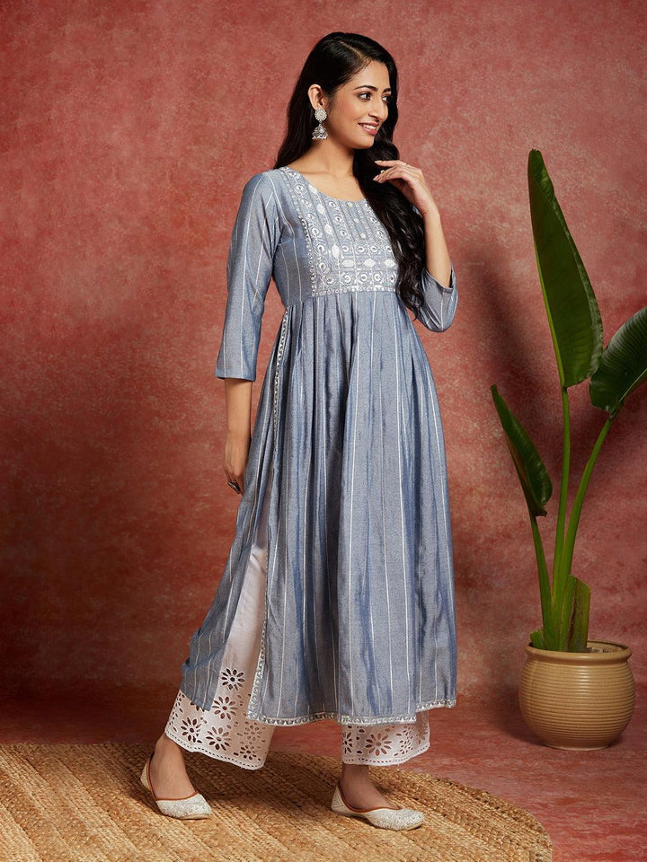 Blue Yoke Design Silk A-Line Kurta - ShopLibas