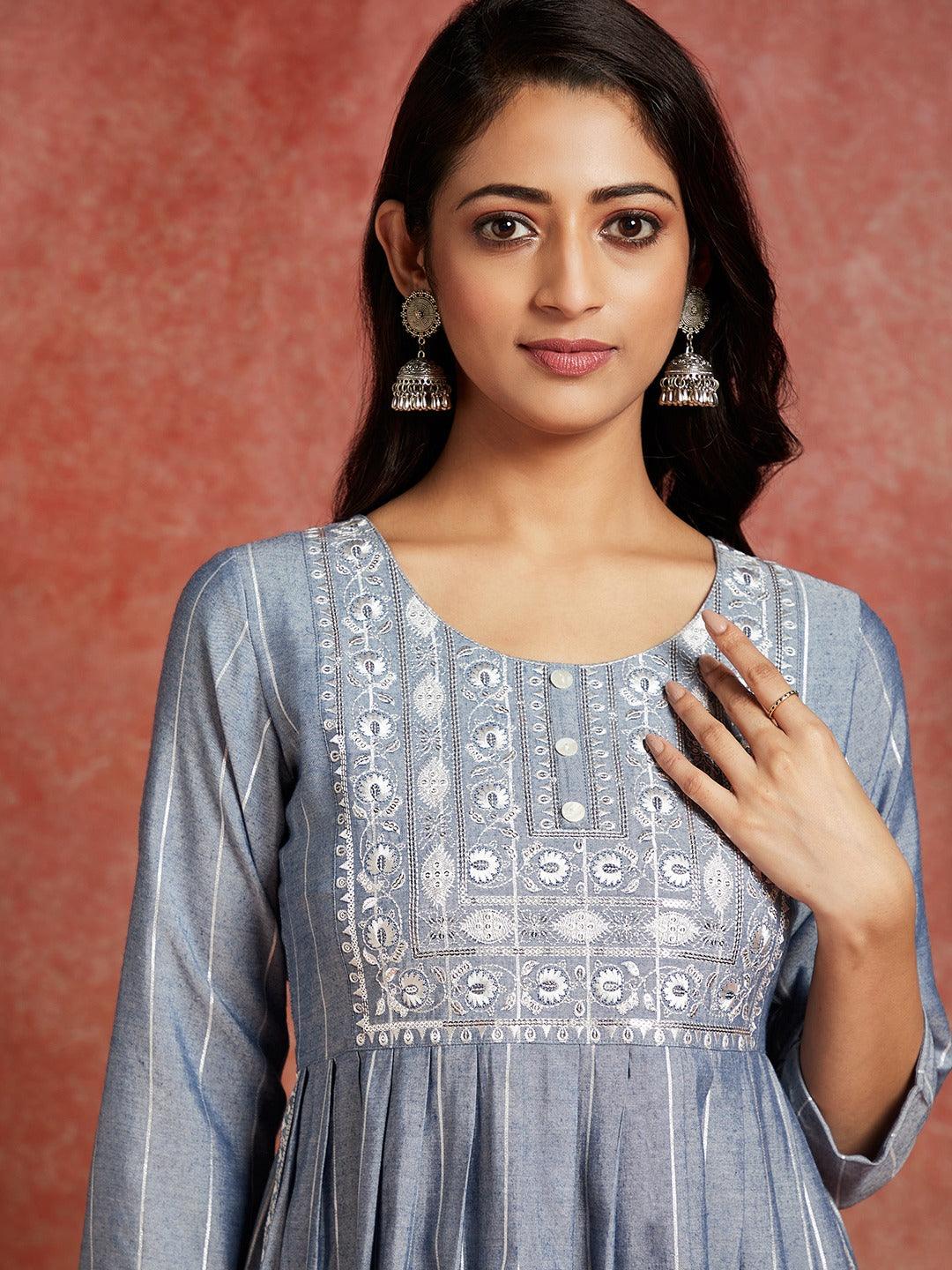 Blue Yoke Design Silk A-Line Kurta - ShopLibas