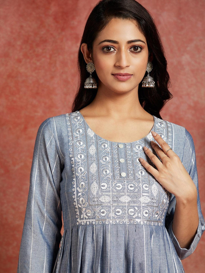 Blue Yoke Design Silk A-Line Kurta - ShopLibas
