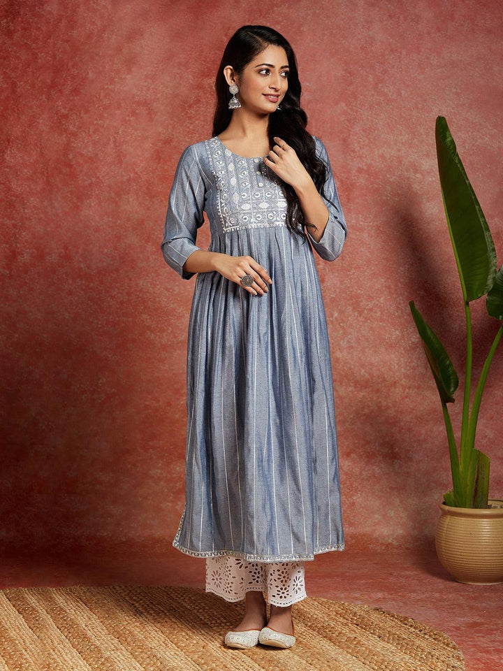 Blue Yoke Design Silk A-Line Kurta - ShopLibas