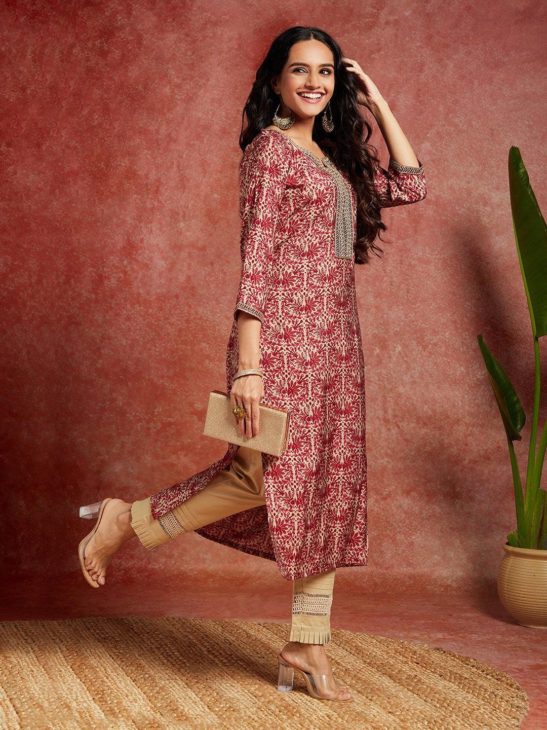 Maroon Yoke Design Silk Straight Kurta - ShopLibas