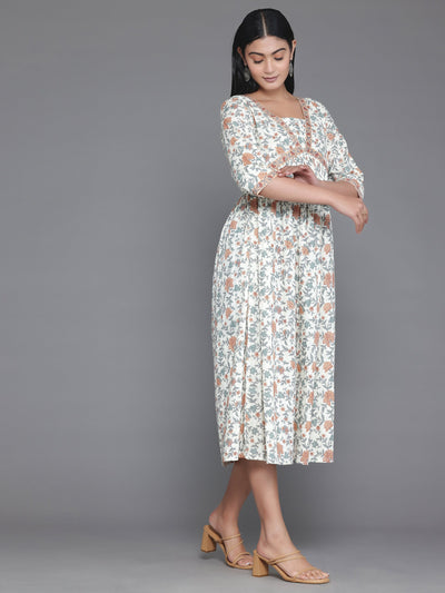 Off White Printed Cotton Fit and Flare Dress