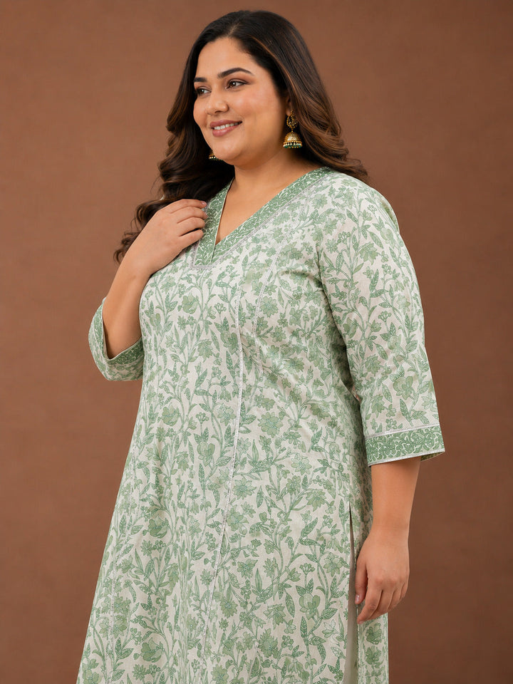 Plus Size Green Printed Cotton Straight Kurta