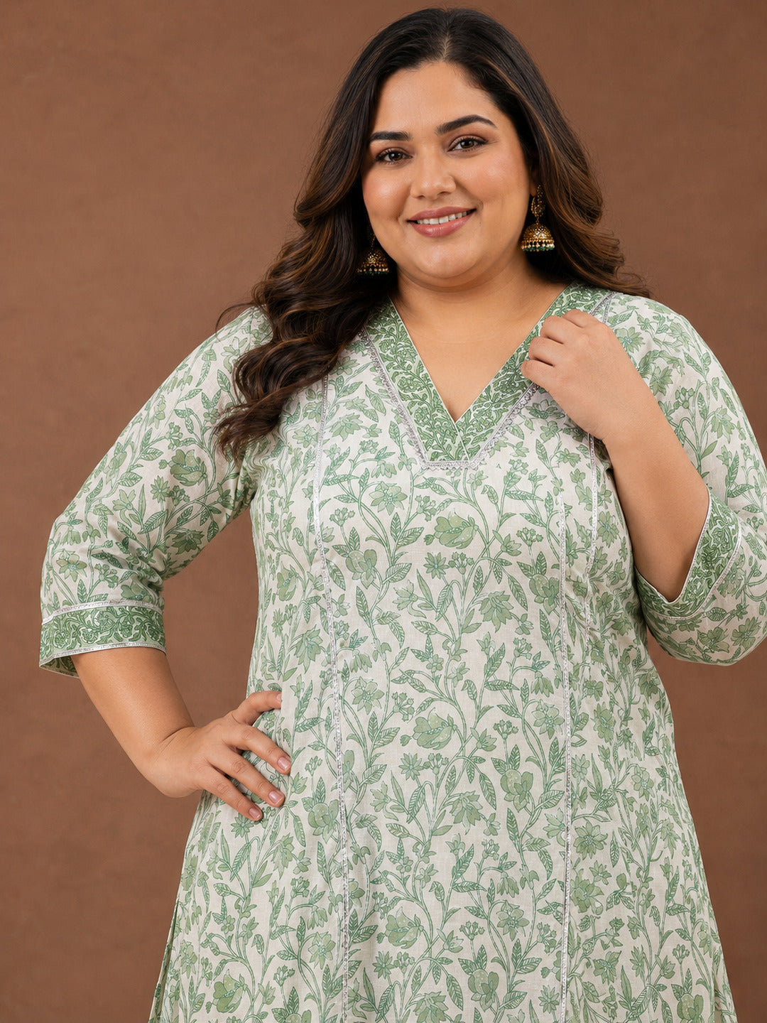 Plus Size Green Printed Cotton Straight Kurta