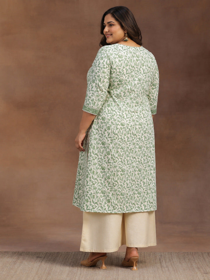 Plus Size Green Printed Cotton Straight Kurta