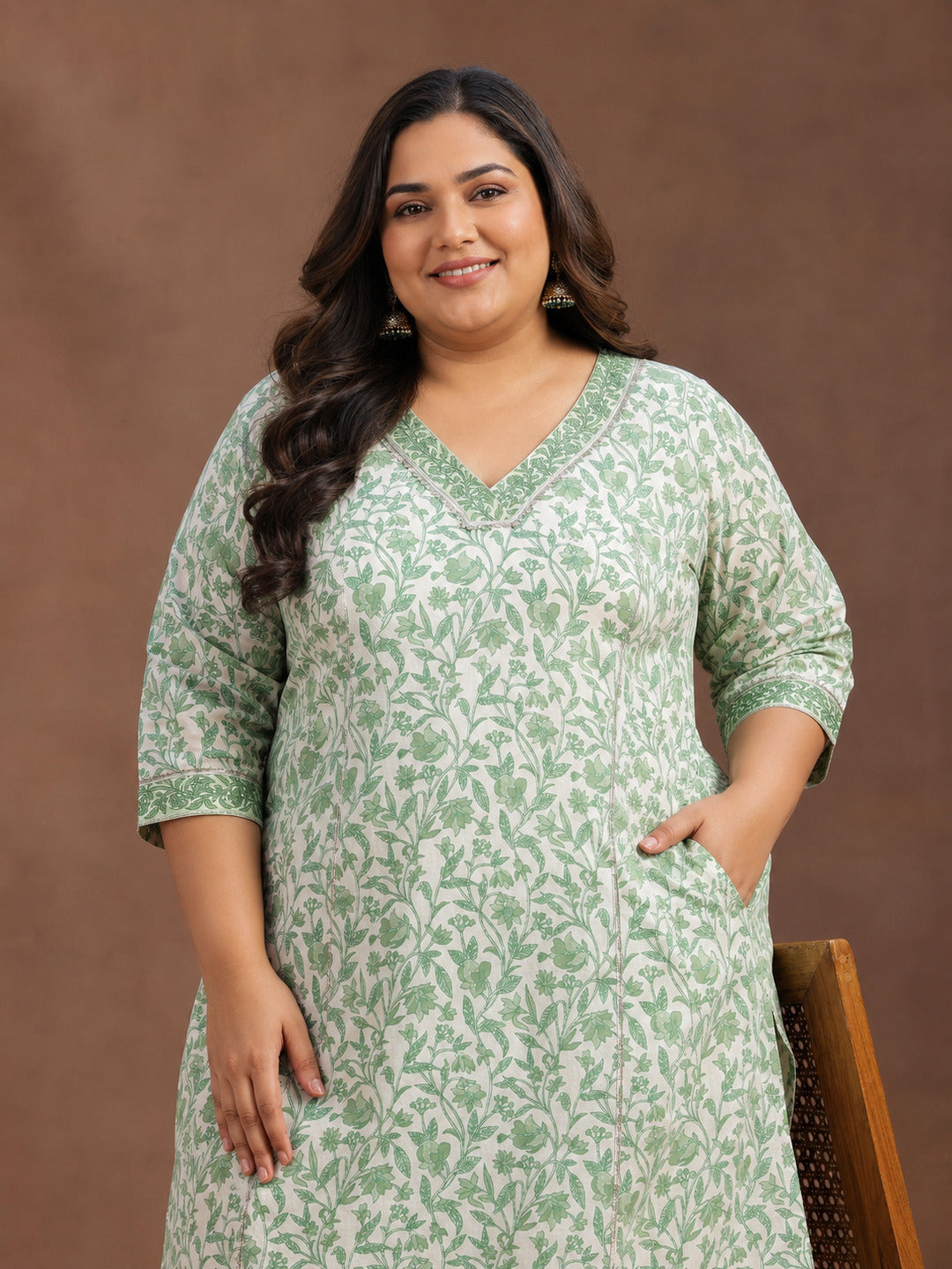 Plus Size Green Printed Cotton Straight Kurta