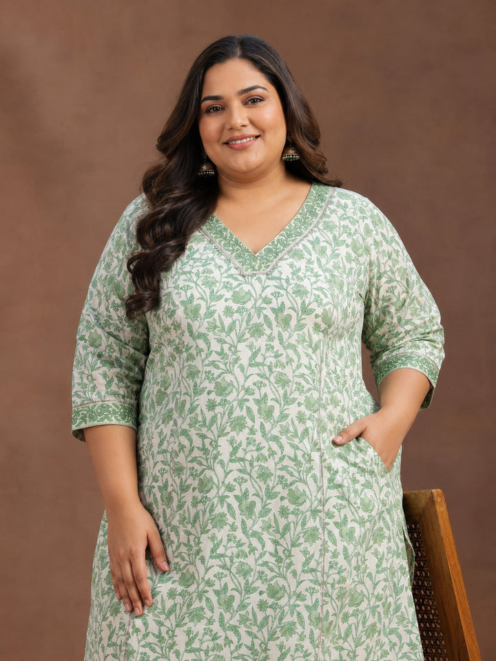 Plus Size Green Printed Cotton Straight Kurta