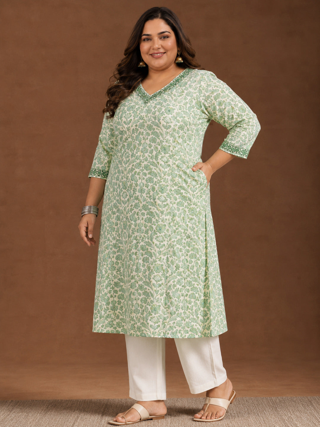 Plus Size Green Printed Cotton Straight Kurta