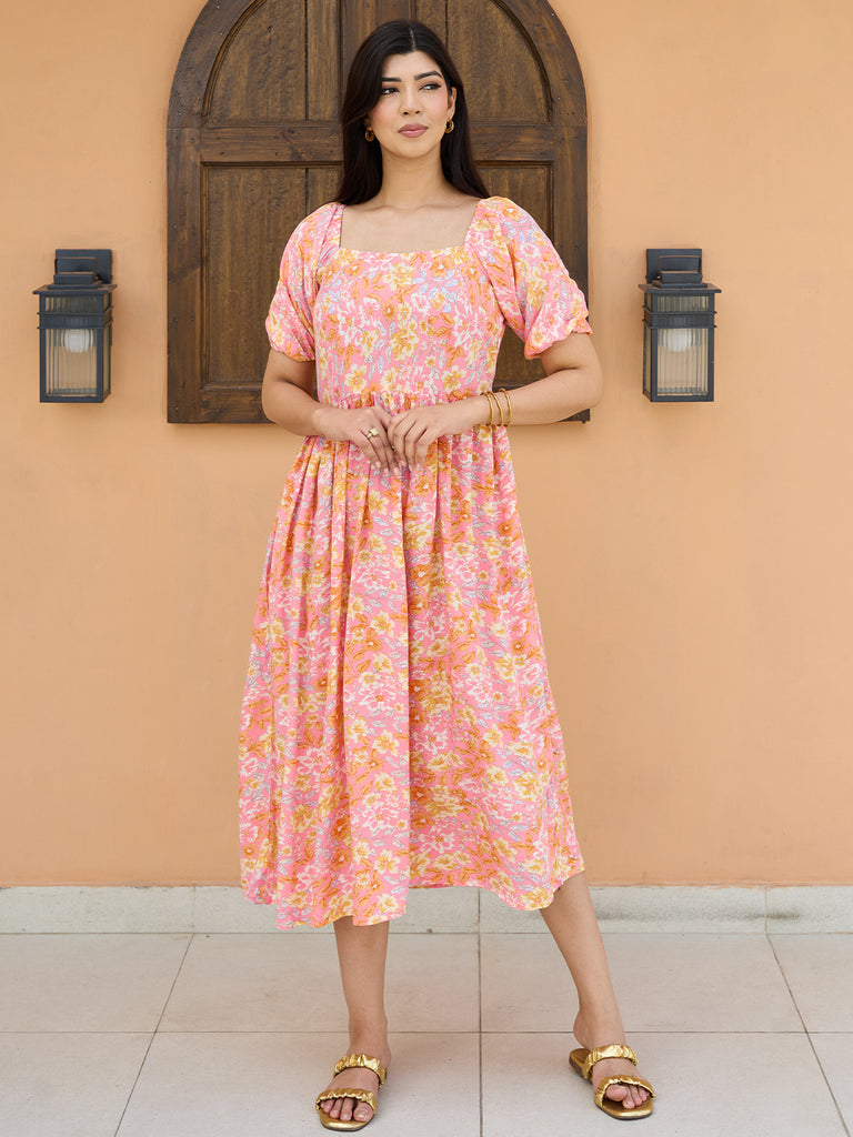 Buy Peach Printed Rayon Fit and Flare Dress Online at $21.00 | Libas