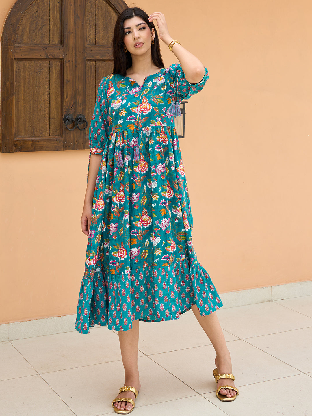 Buy Blue Printed Cotton Fit and Flare Dress Online in USA at