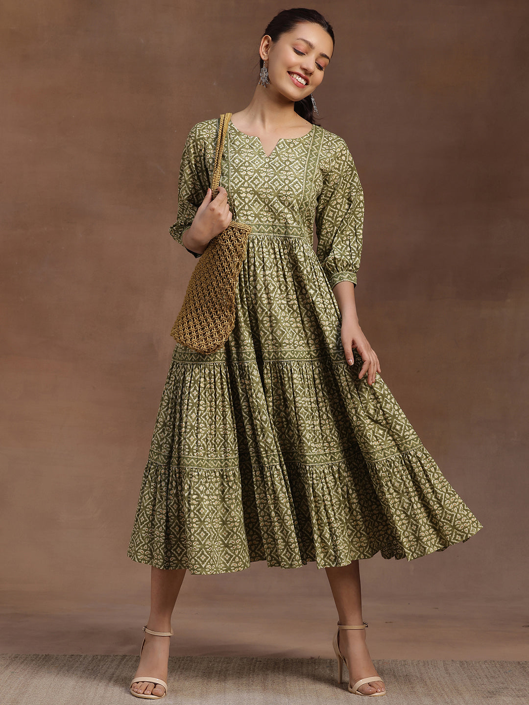 Buy Libas Green Printed Cotton A-Line Dress Online in United States at $28.00
