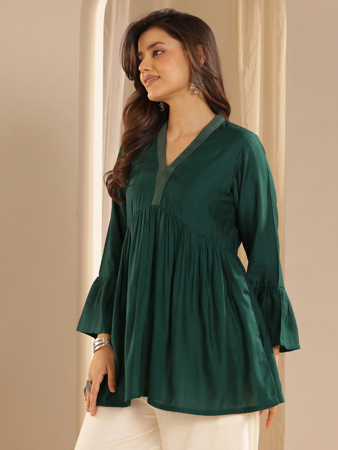 Green Woven Design Silk Blend A-line Kurti