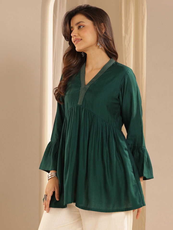 Green Woven Design Silk Blend A-line Kurti