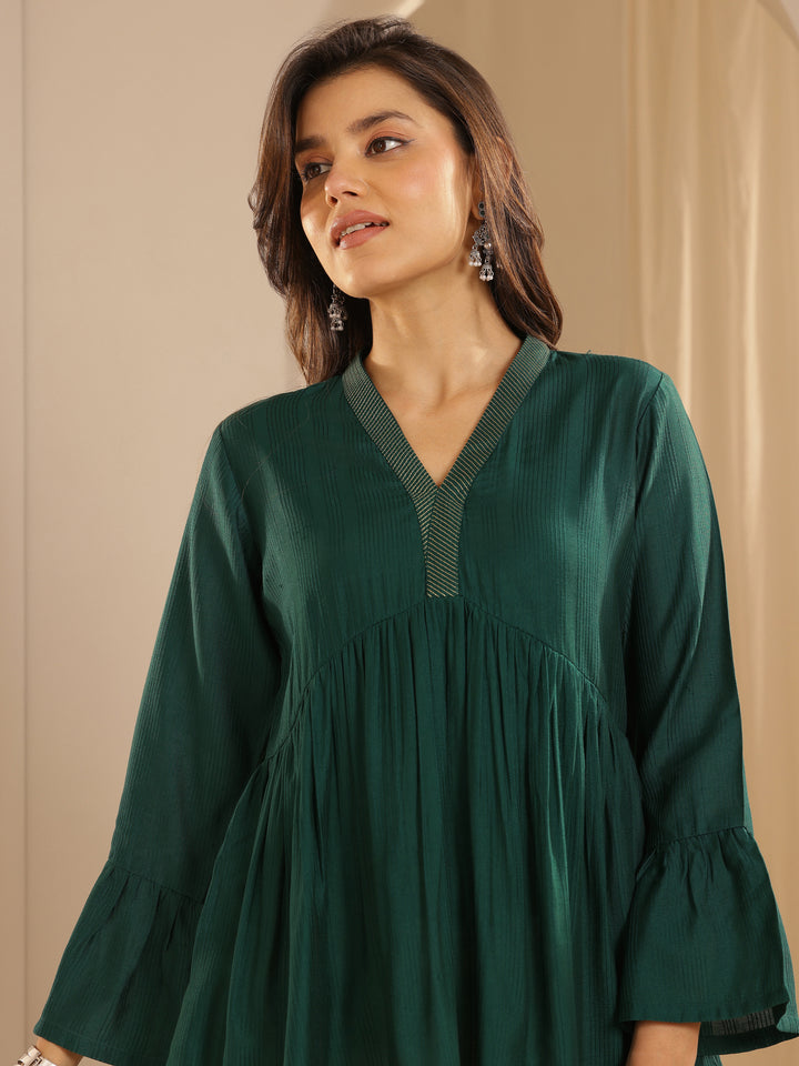 Green Woven Design Silk Blend A-line Kurti