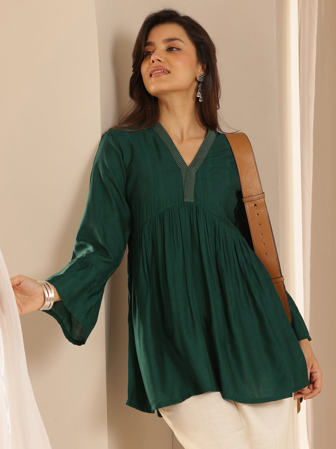 Green Woven Design Silk Blend A-line Kurti