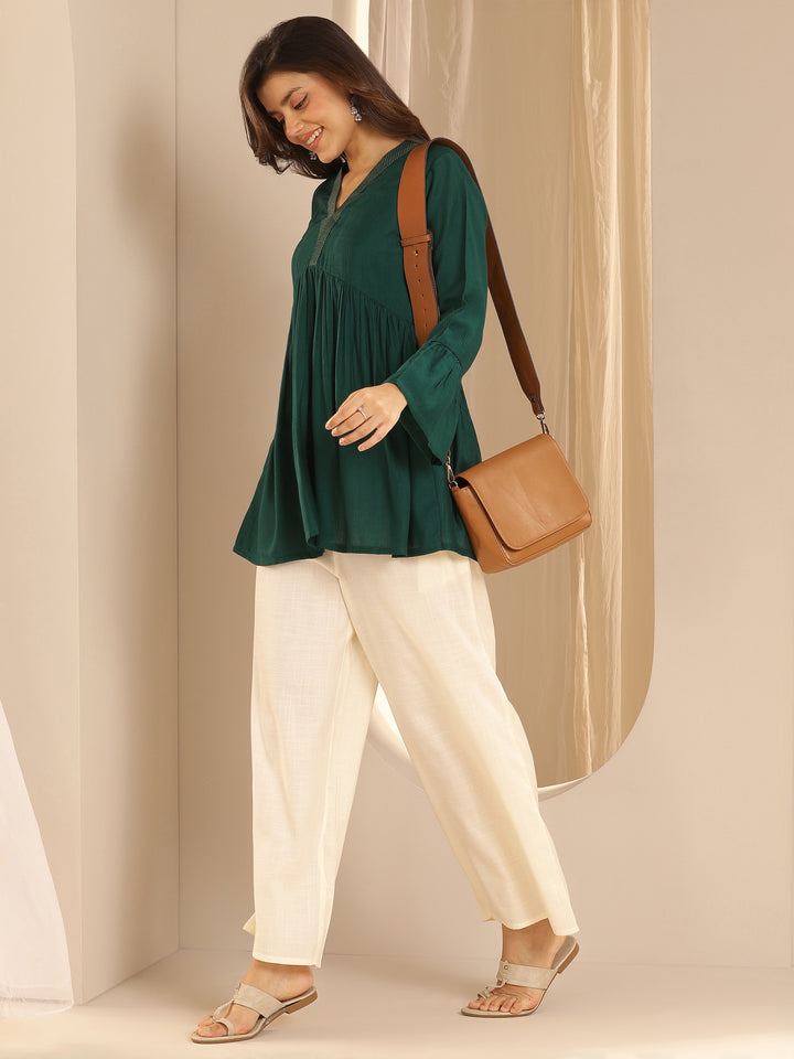 Green Woven Design Silk Blend A-line Kurti
