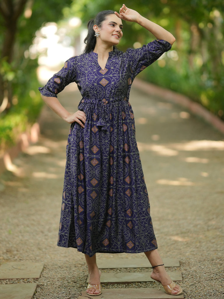 Buy Blue Printed Silk A-Line Dress Online in USA at $25.00