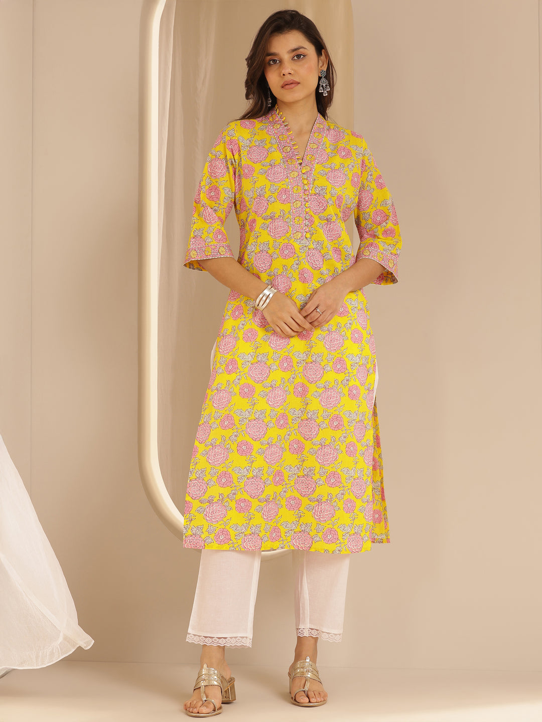 Yellow Printed Cotton Straight Kurta