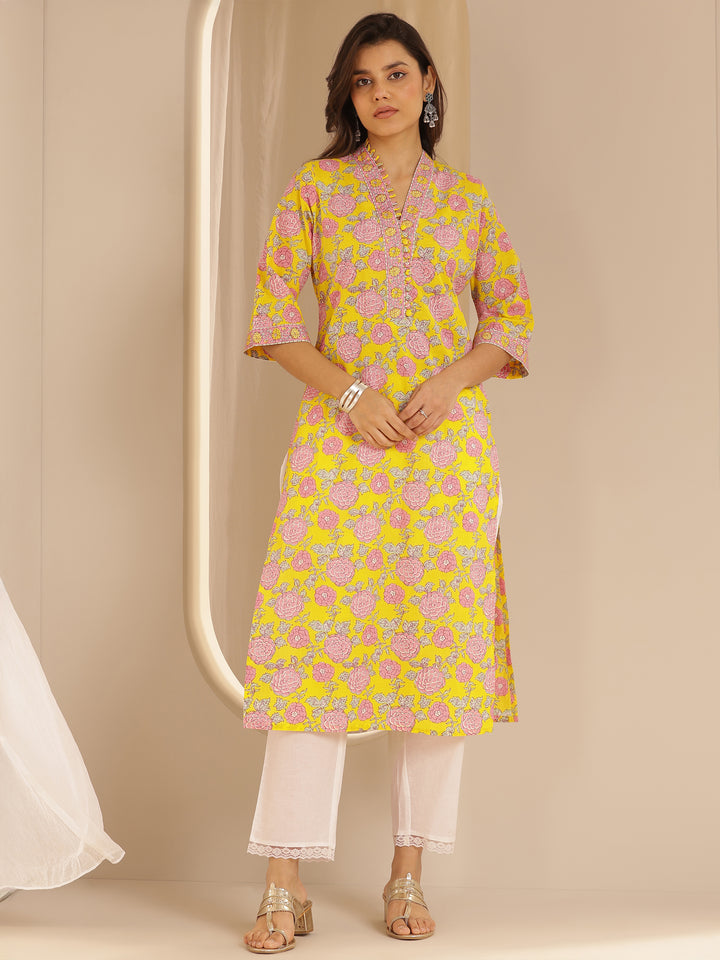 Yellow Printed Cotton Straight Kurta