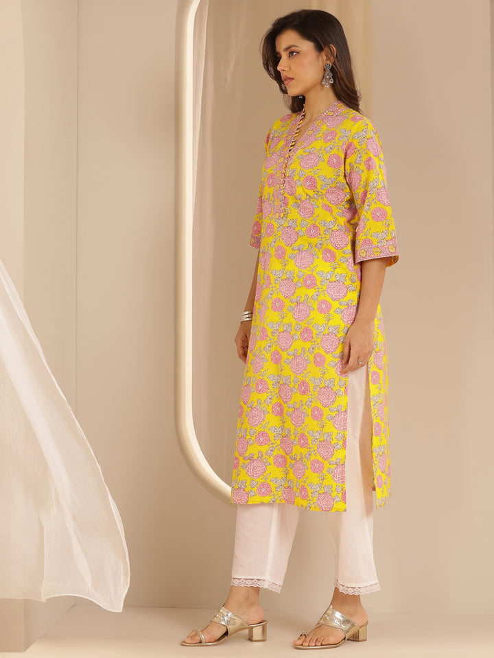 Yellow Printed Cotton Straight Kurta