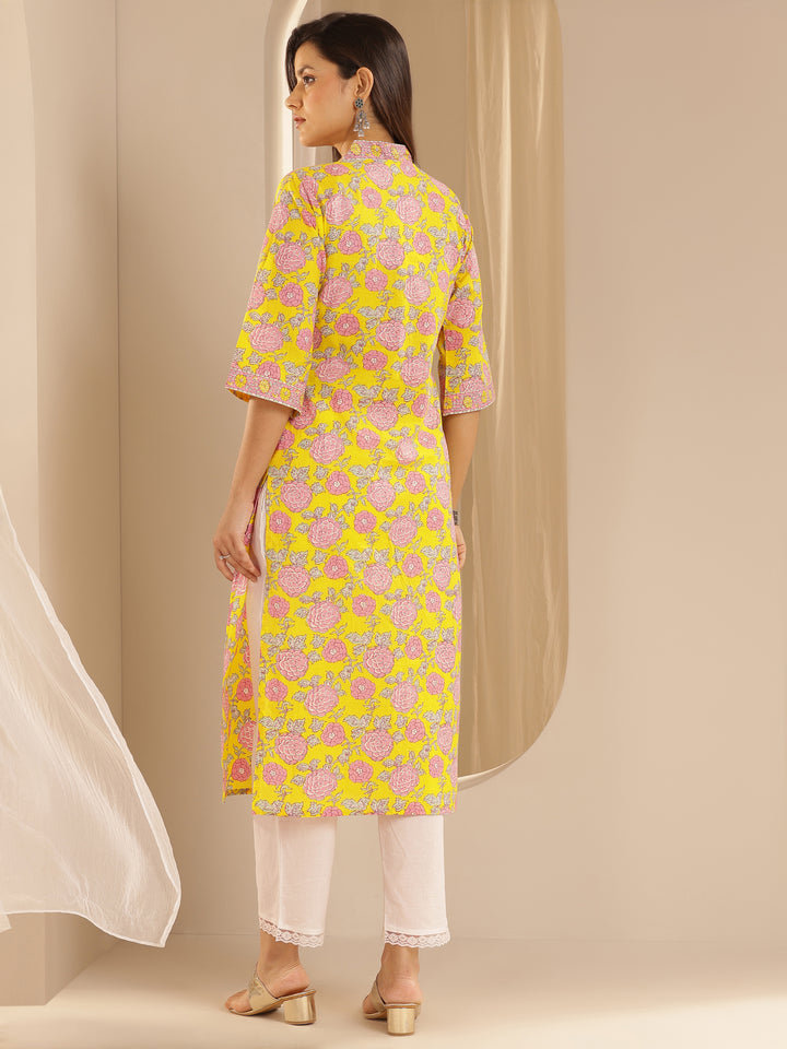 Yellow Printed Cotton Straight Kurta