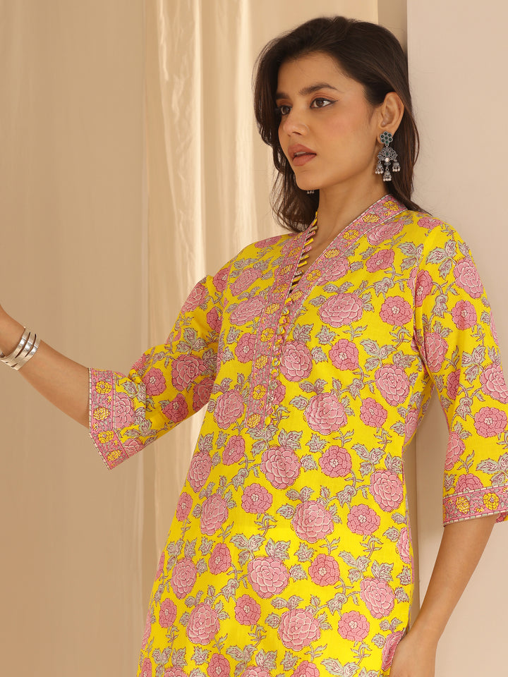 Yellow Printed Cotton Straight Kurta