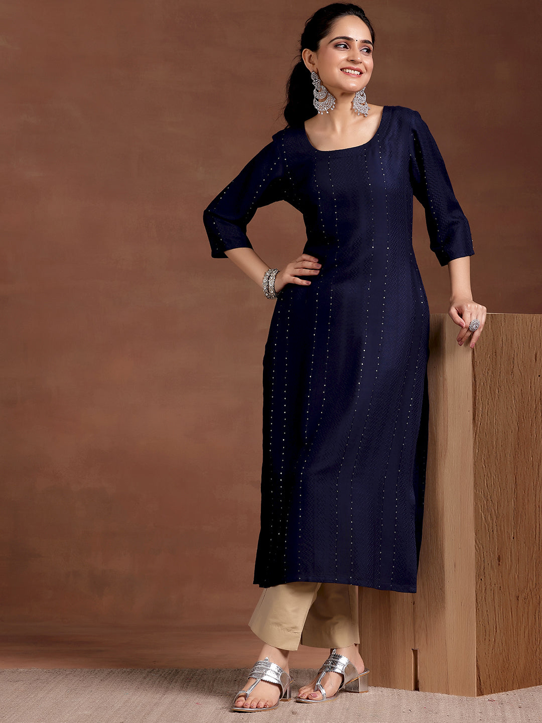 Blue Woven Design Rayon Straight Kurta