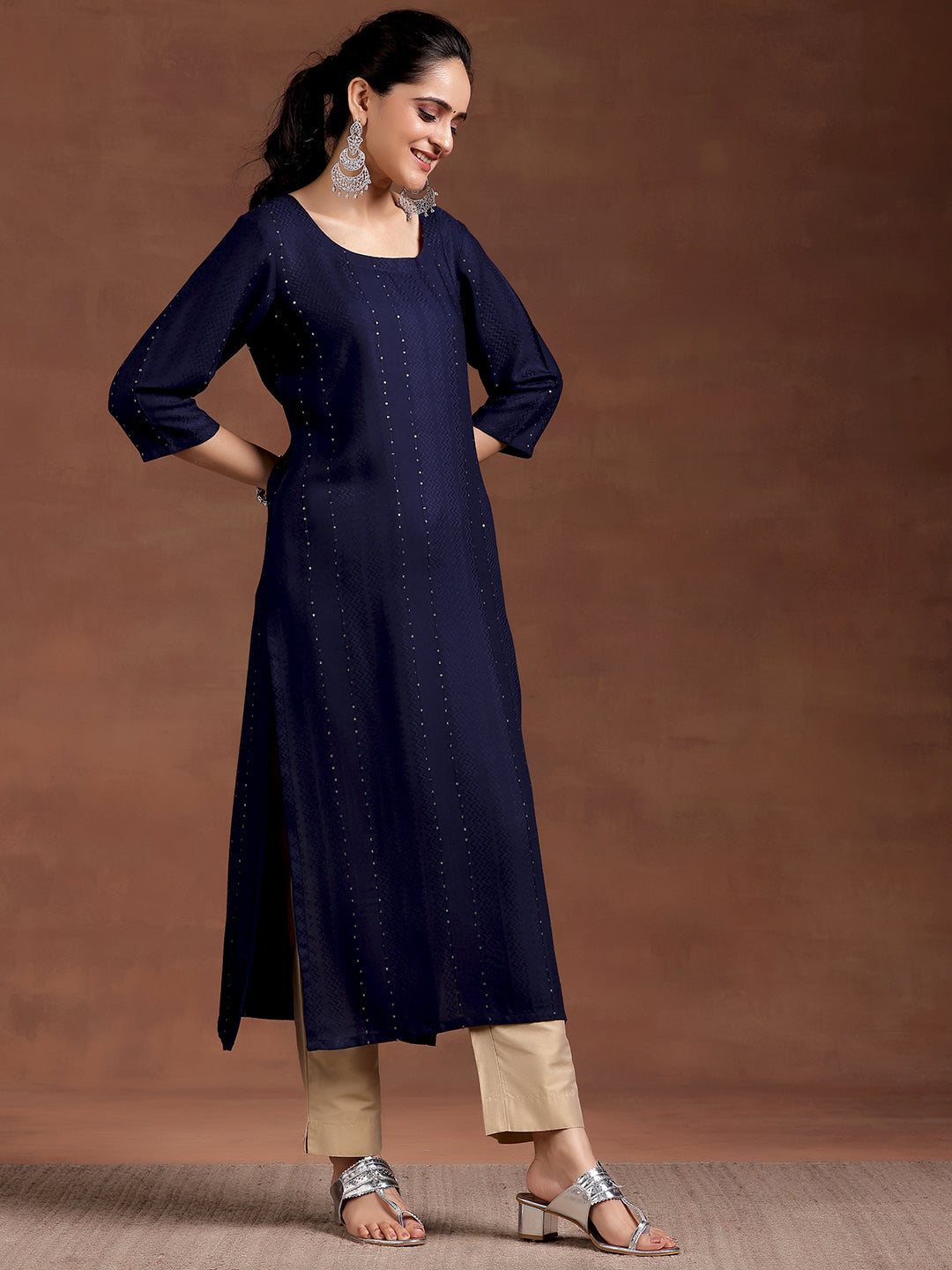 Blue Woven Design Rayon Straight Kurta