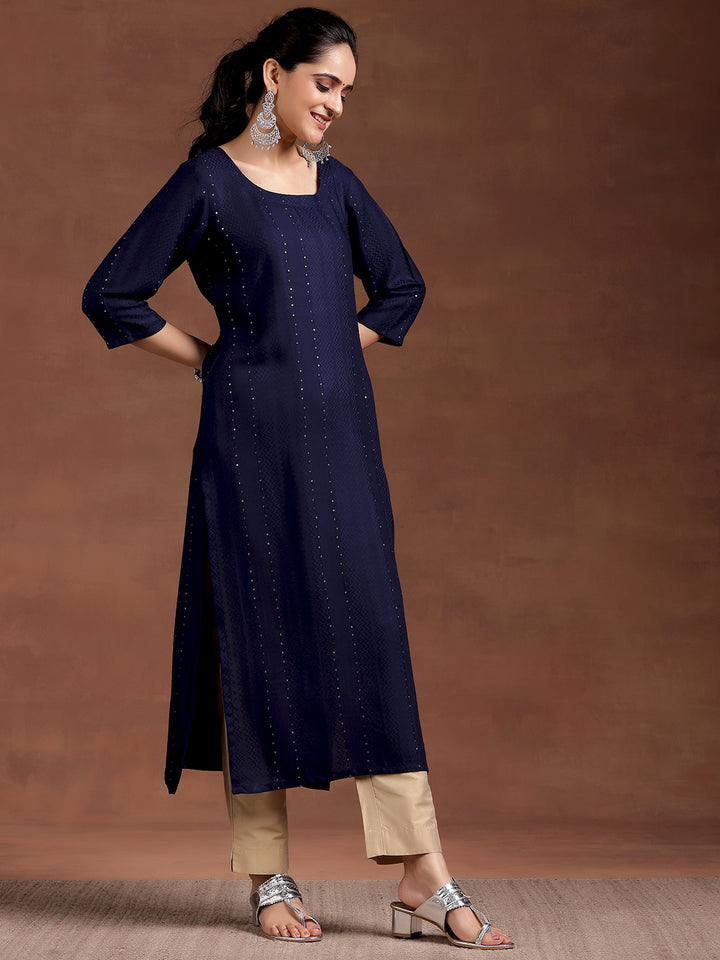 Blue Woven Design Rayon Straight Kurta