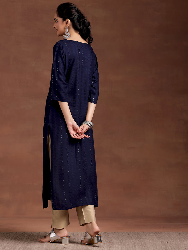 Blue Woven Design Rayon Straight Kurta