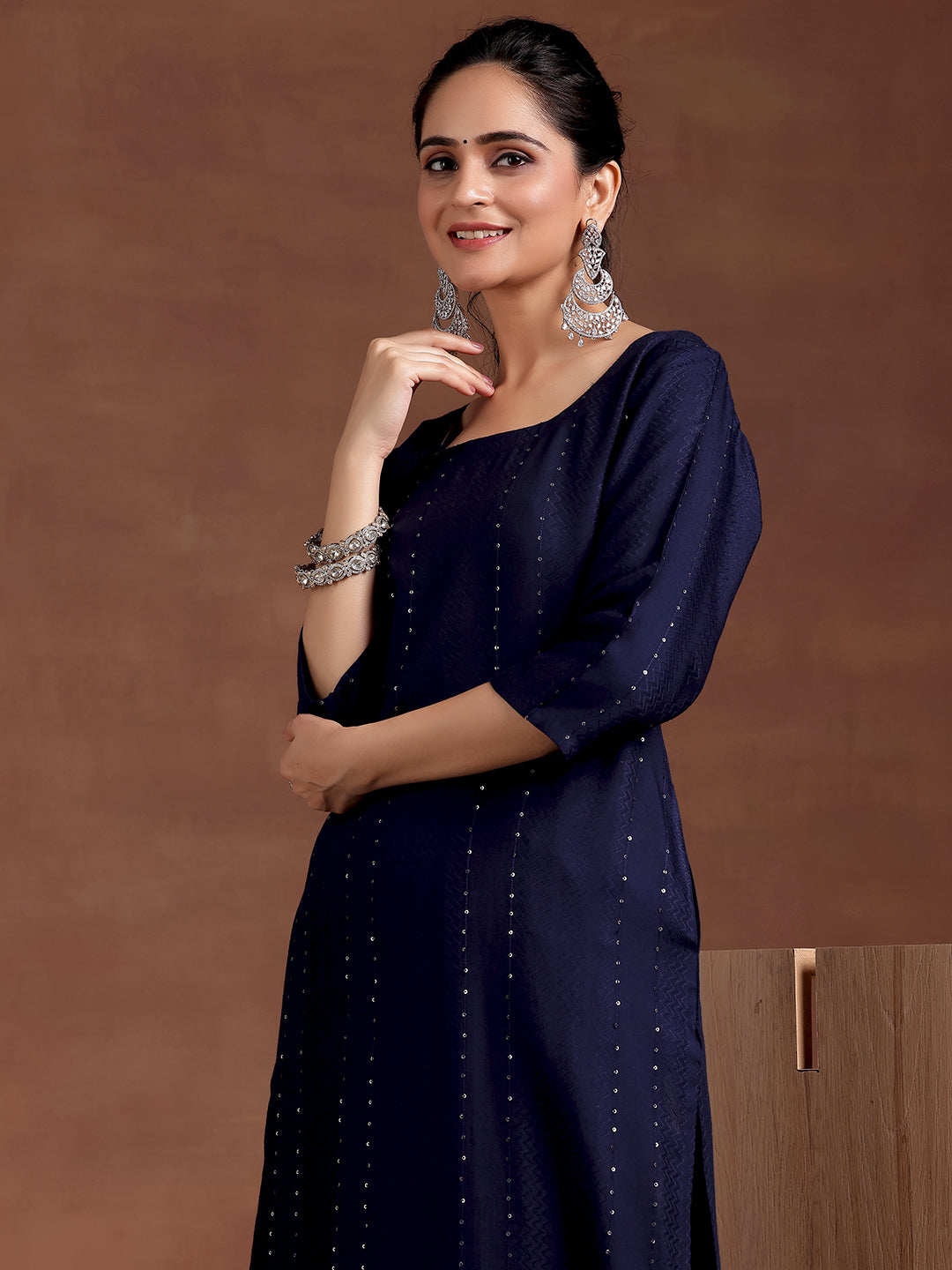 Blue Woven Design Rayon Straight Kurta