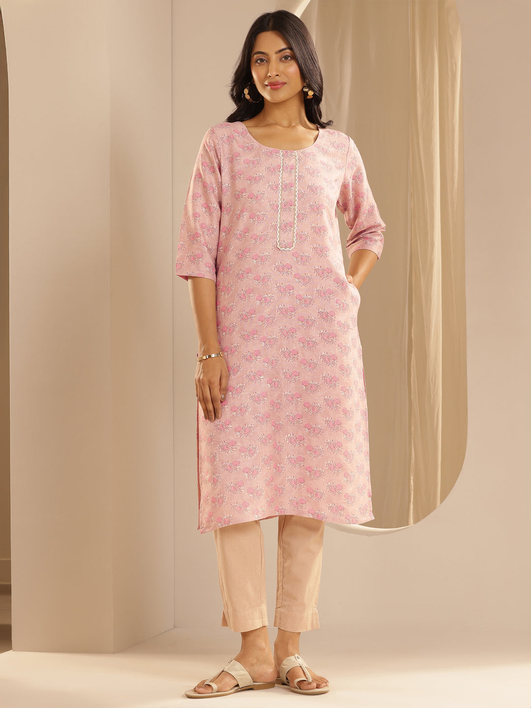 Pink Printed Cotton Straight Kurta