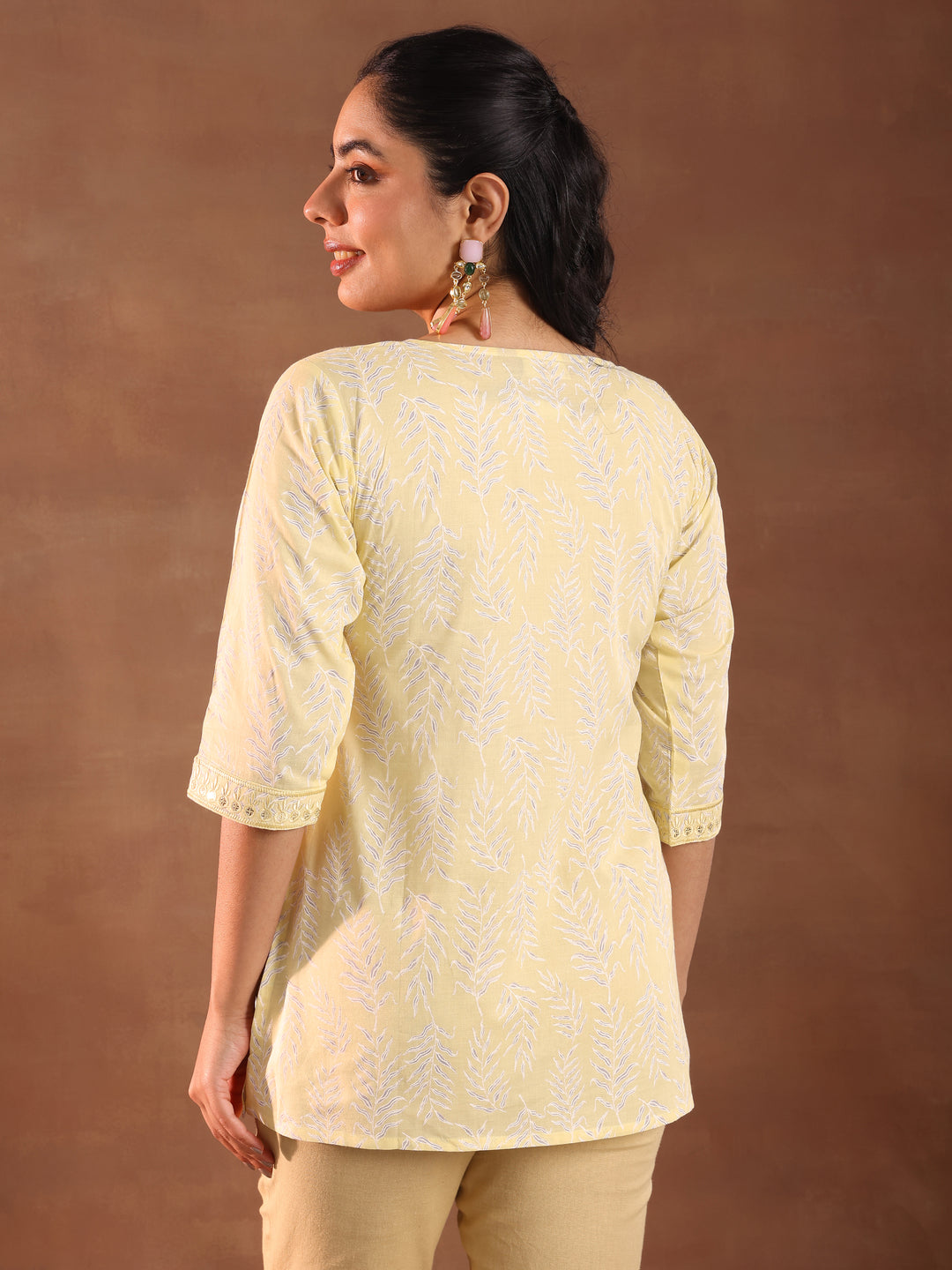 Yellow Printed Cotton Straight Kurti