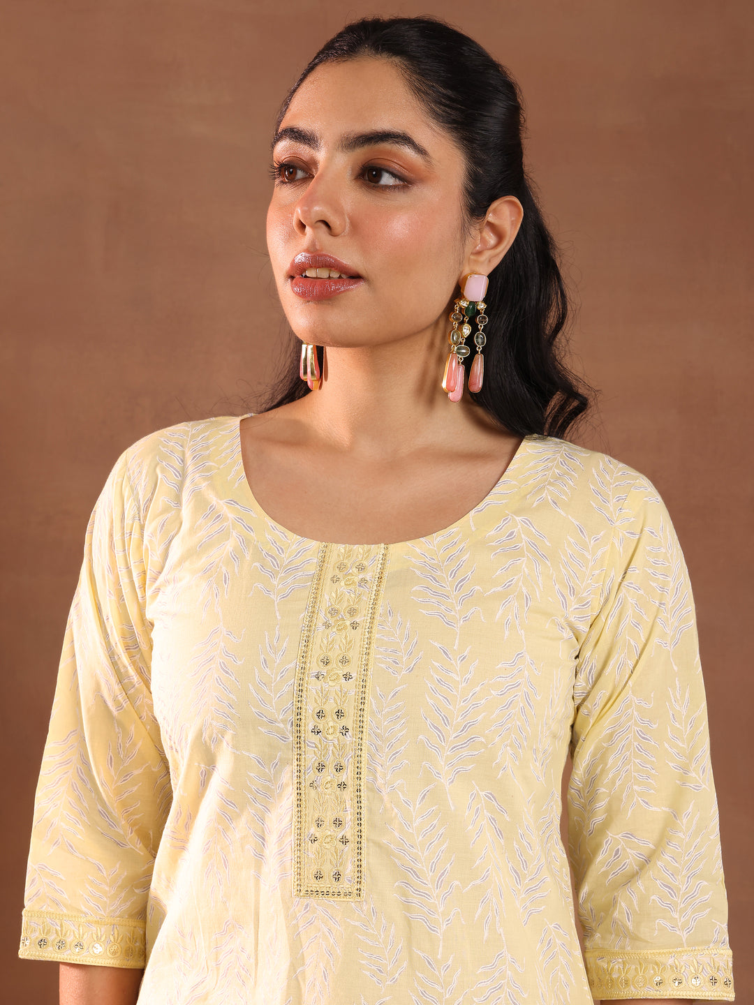 Yellow Printed Cotton Straight Kurti