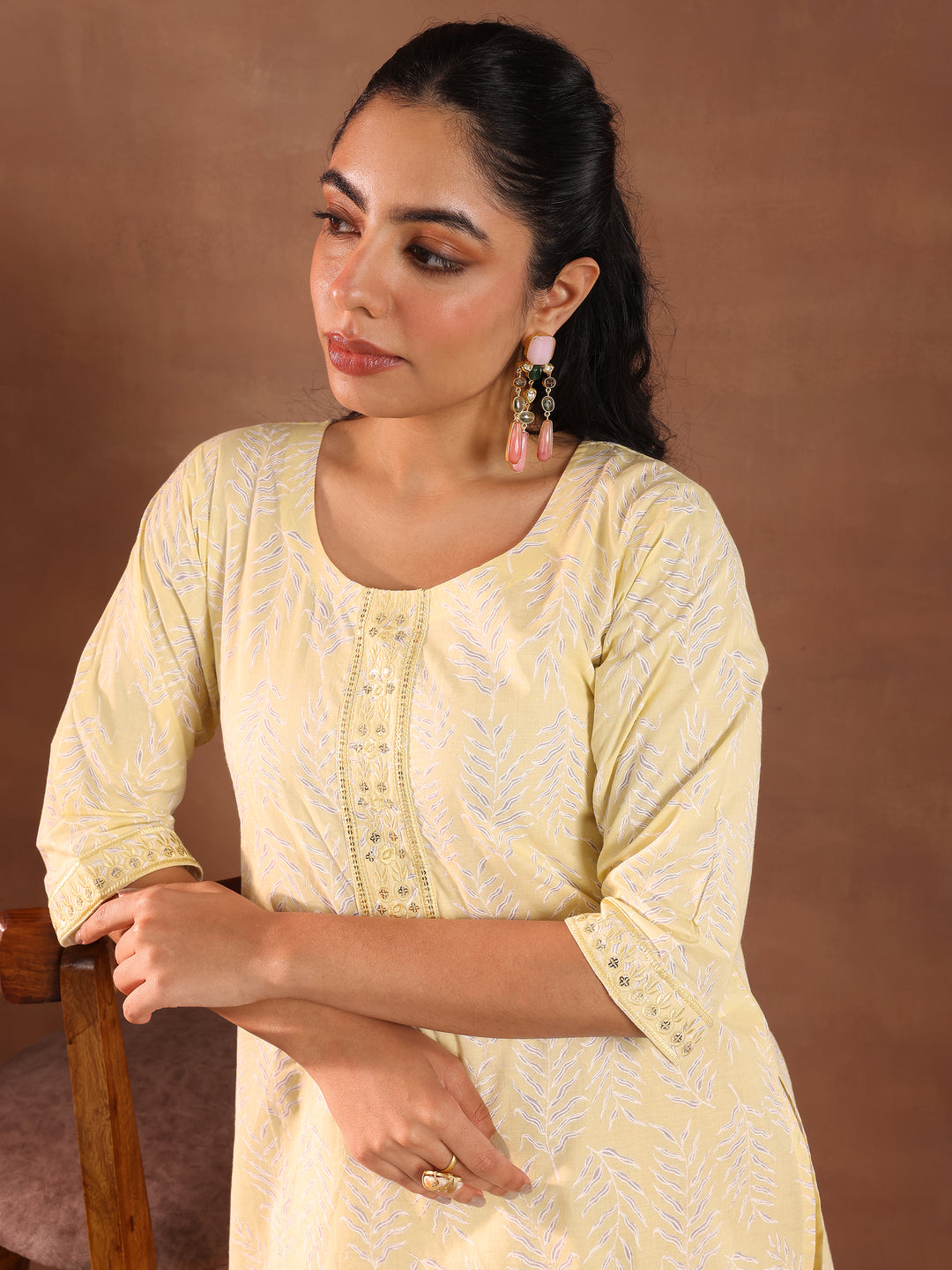 Yellow Printed Cotton Straight Kurti