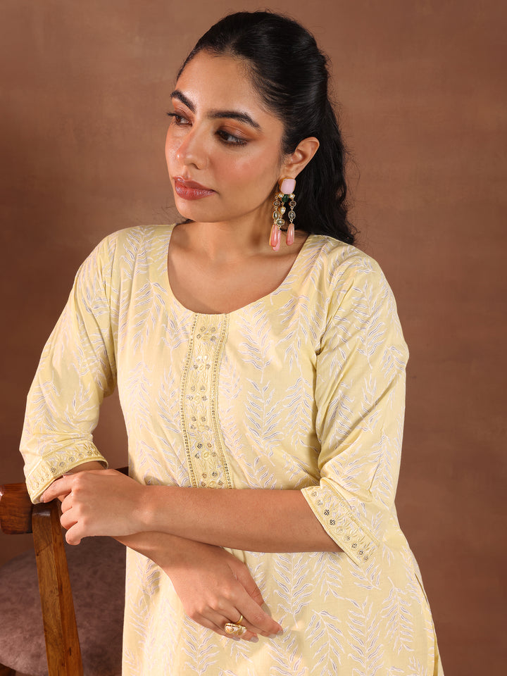 Yellow Printed Cotton Straight Kurti