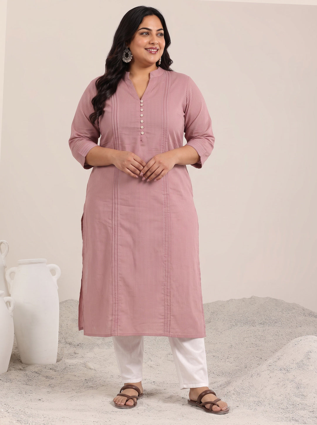 Plus Size Mauve Printed Cotton Straight Kurta