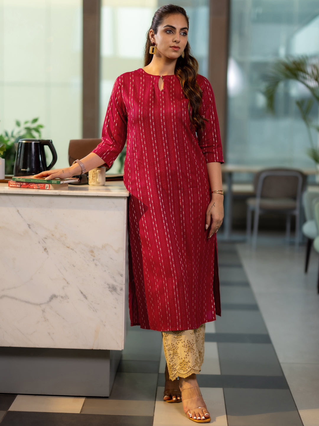 Red Woven Design Rayon Straight Kurta