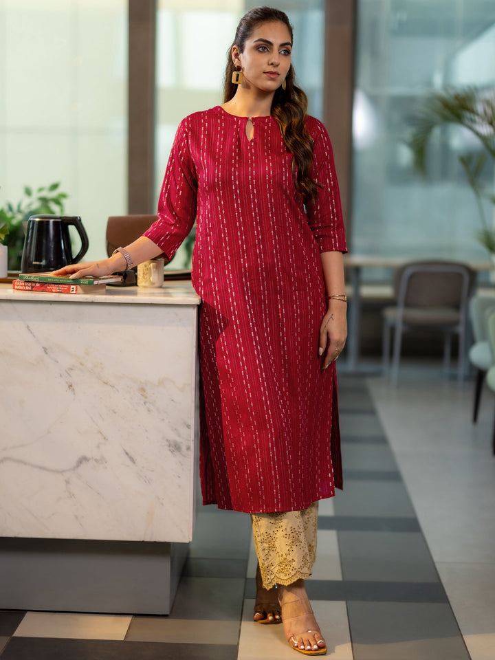 Red Woven Design Rayon Straight Kurta