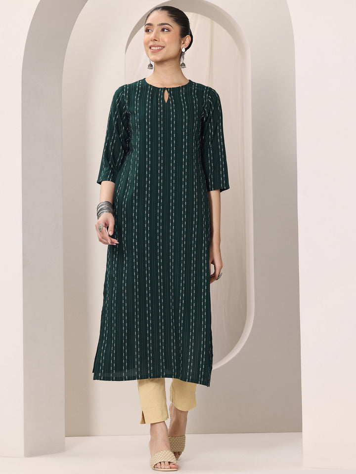 Green Woven Design Rayon Straight Kurta