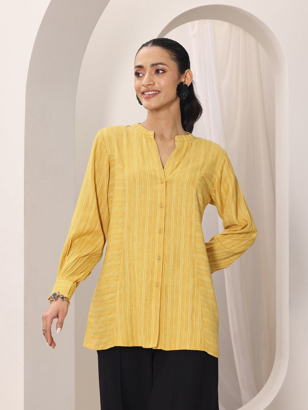 Yellow Woven Design Cotton Blend Straight Short Kurti