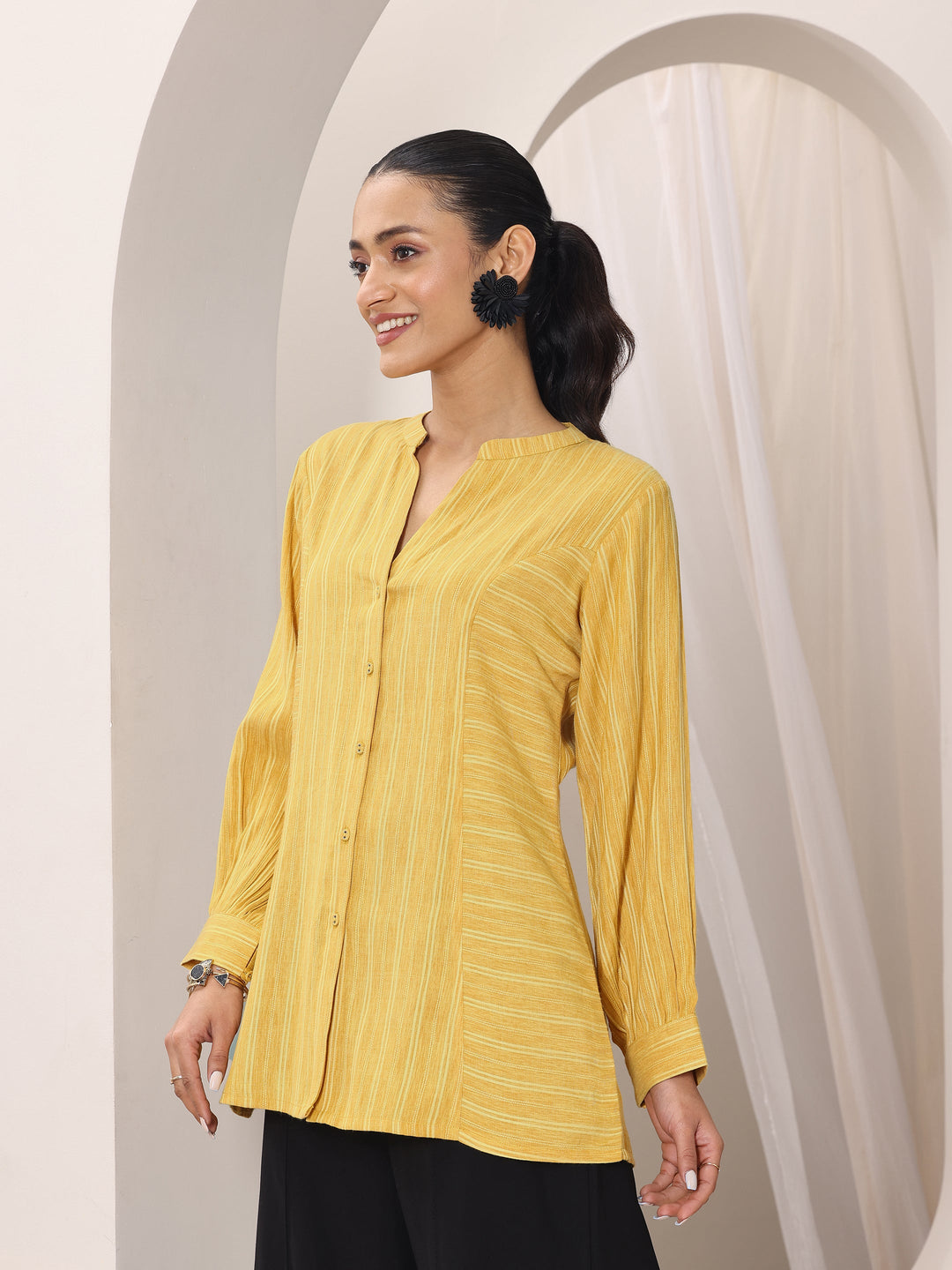 Yellow Woven Design Cotton Blend Straight Short Kurti