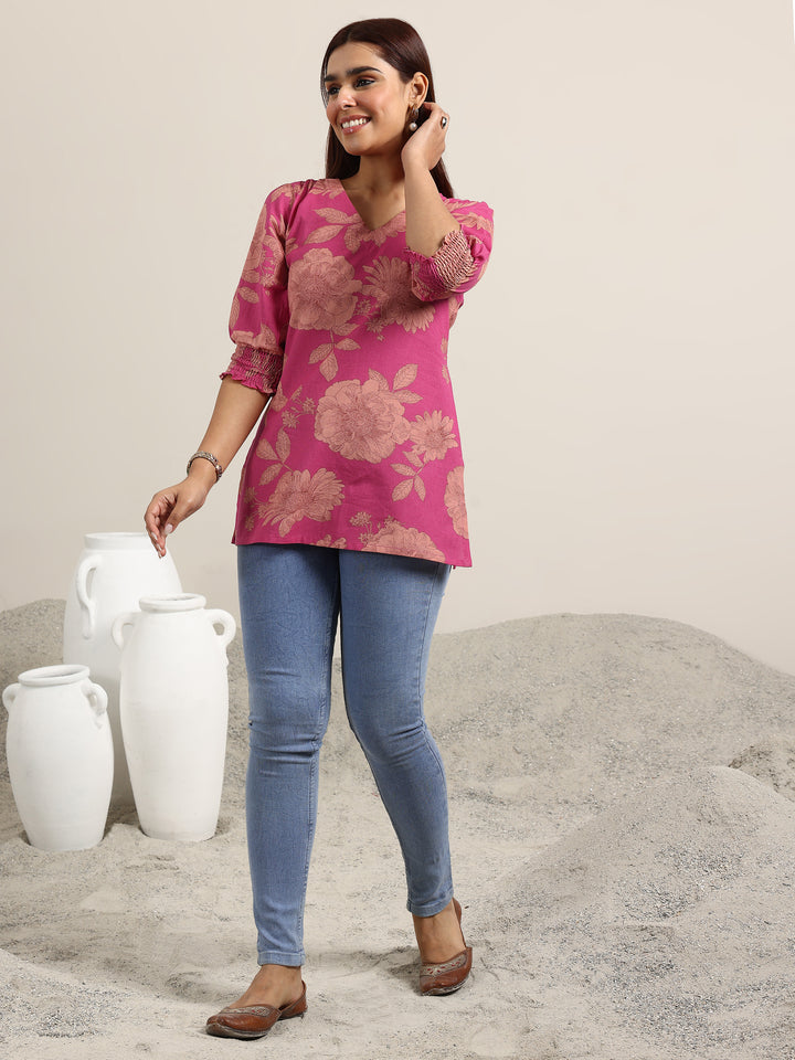 Pink Printed Cotton Straight Short Kurti