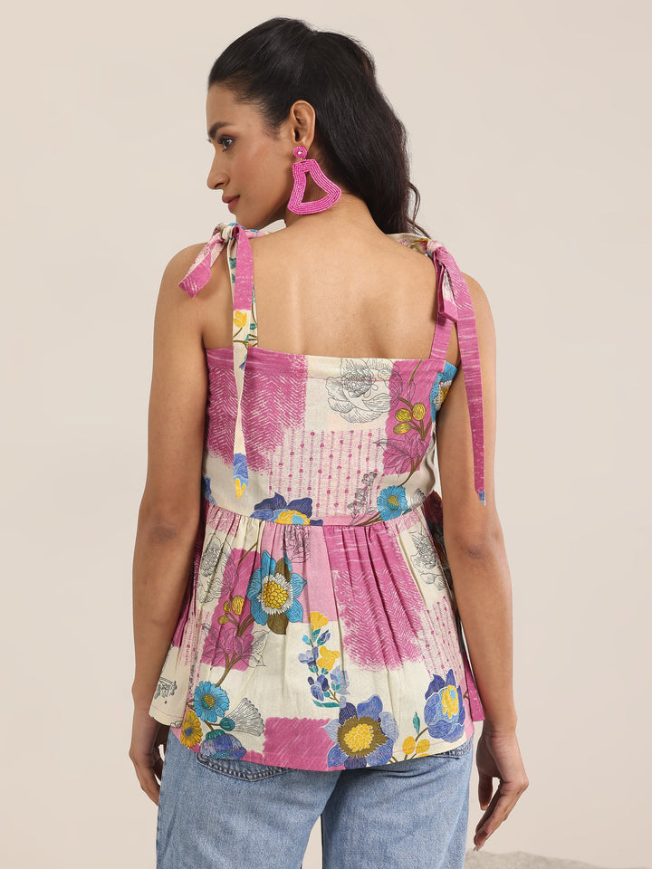 Pink Printed Cotton Anarkali Short Kurti