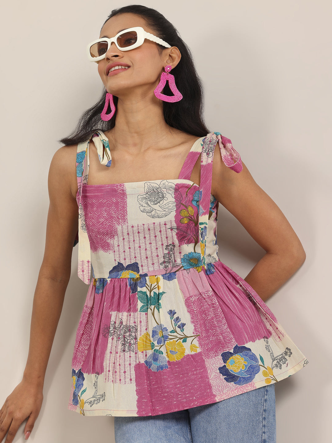 Pink Printed Cotton Anarkali Short Kurti